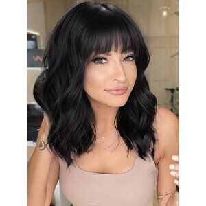 Women Black Bangs Natural Looking Heat Resistant Synthetic Fiber Short Hair Wig